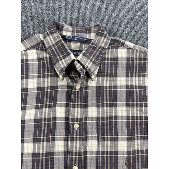 Nautica Shirt Mens Medium Brown Blue Plaid Button Down Long Sleeve Cotton Casual - Picture 3 of 14
